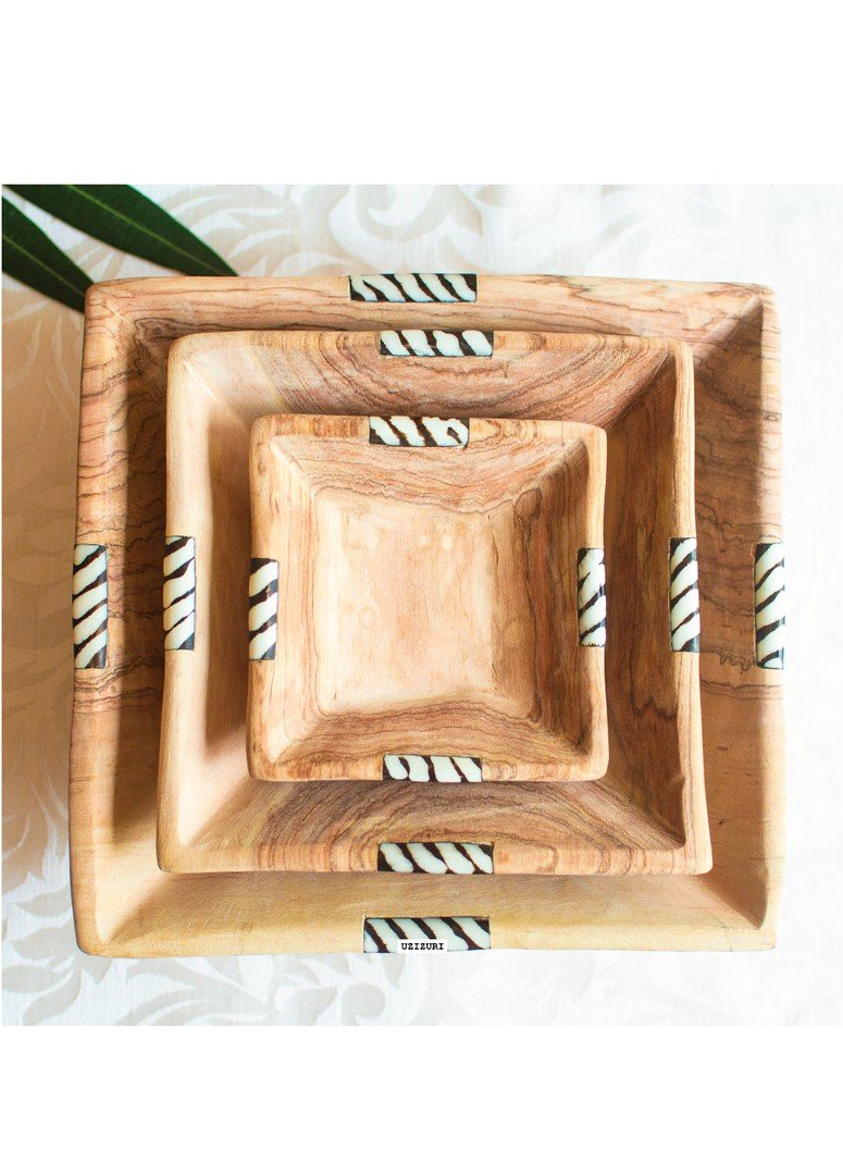 A Set of African Olive Wood Squared Salad Bowls
