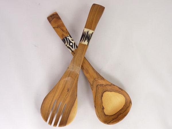 African olive wood salad serving set
