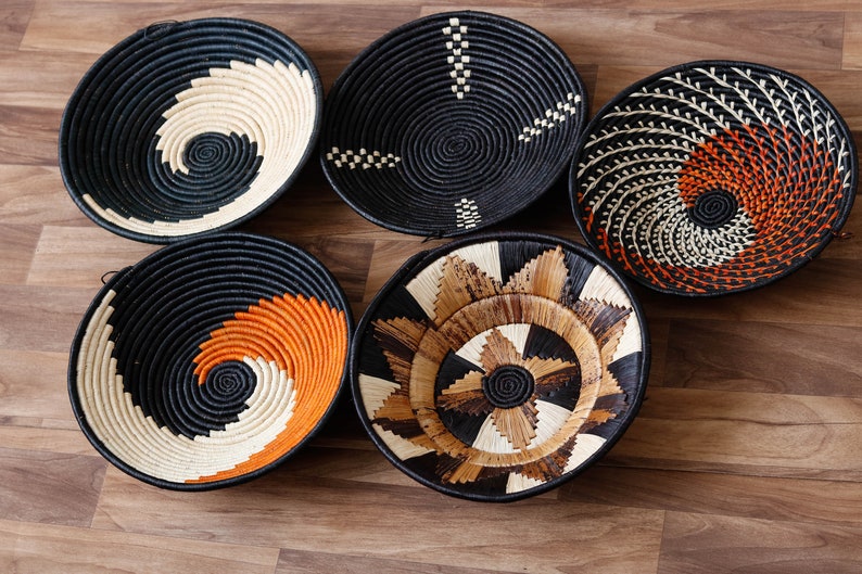 A Set of 5 African wall Handwoven baskets, Rwanda baskets