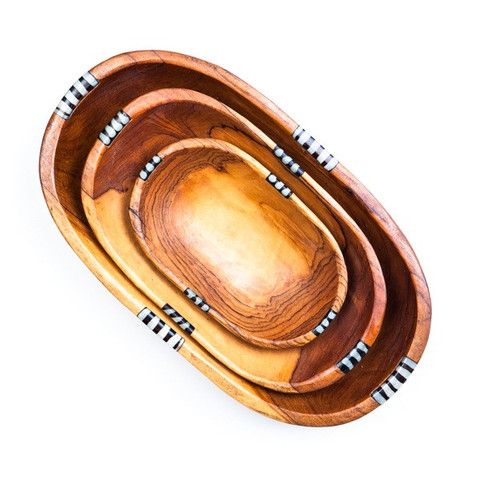Set of 3 Oval Wooden African Salad / fruit Bowls with Batik Bone