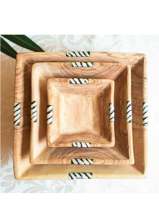 A Set of African Olive Wood Squared Salad Bowls