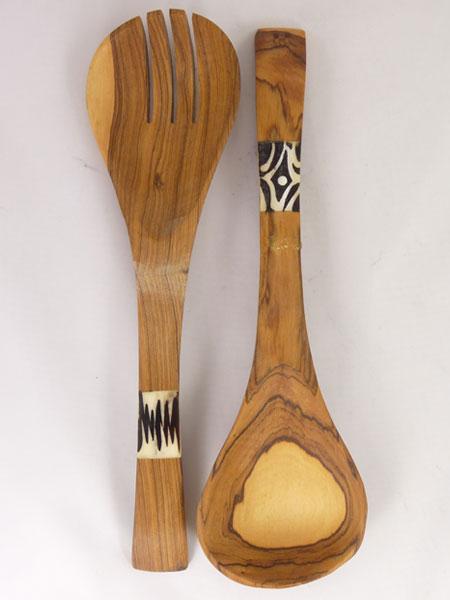 African olive wood salad serving set