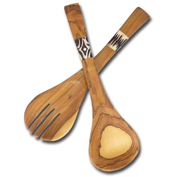 African olive wood salad serving set