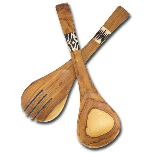 African olive wood salad serving set